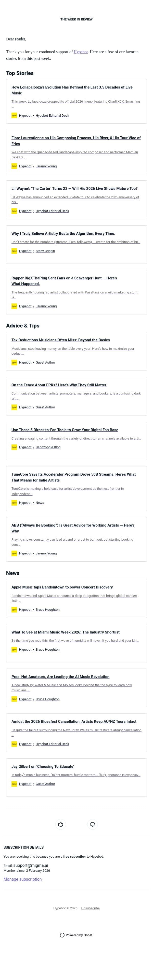 The Week in Review: March 20-26, 2026 email from Hypebot screenshot