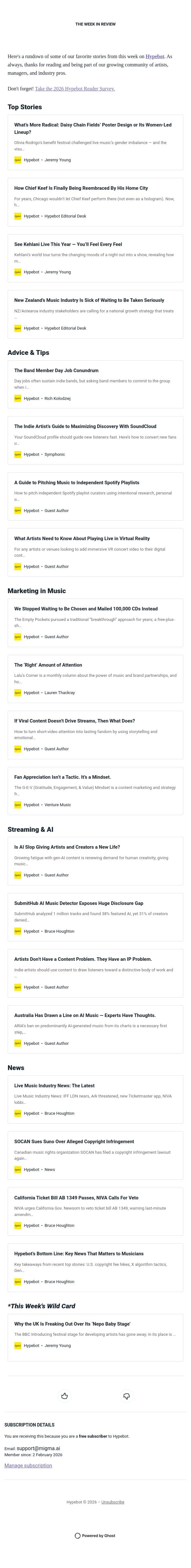The Week in Review: Aug 28-Sept 3, 2026 email from Hypebot screenshot