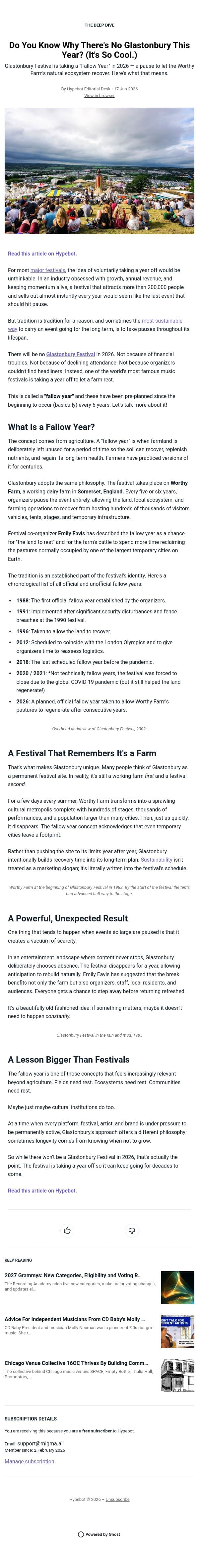 Do You Know Why There's No Glastonbury This Year? (It's So Cool.) email from Hypebot screenshot