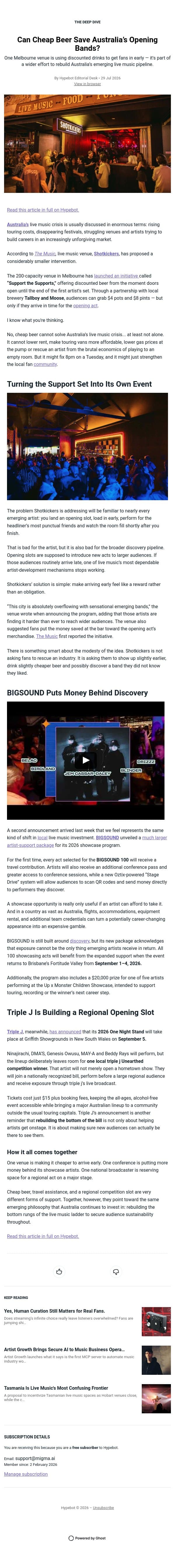 Can Cheap Beer Save Australia’s Opening Bands? email from Hypebot screenshot