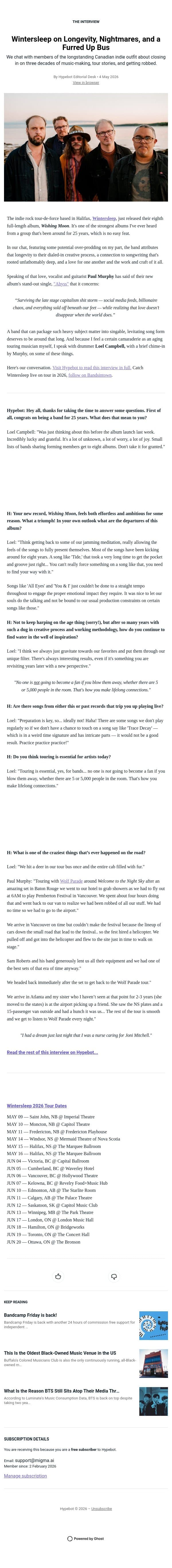 Wintersleep on Longevity, Nightmares, and a Furred Up Bus email from Hypebot screenshot