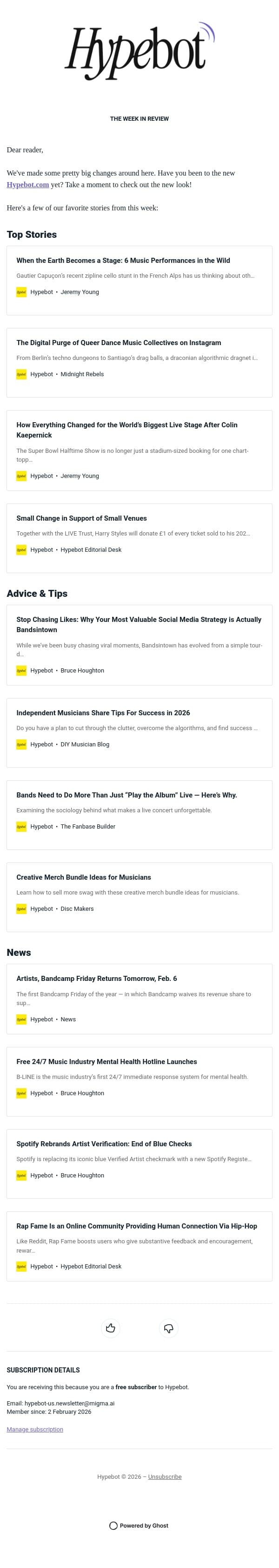 The Week in Review: Febuary 1-5, 2026 email from Hypebot screenshot