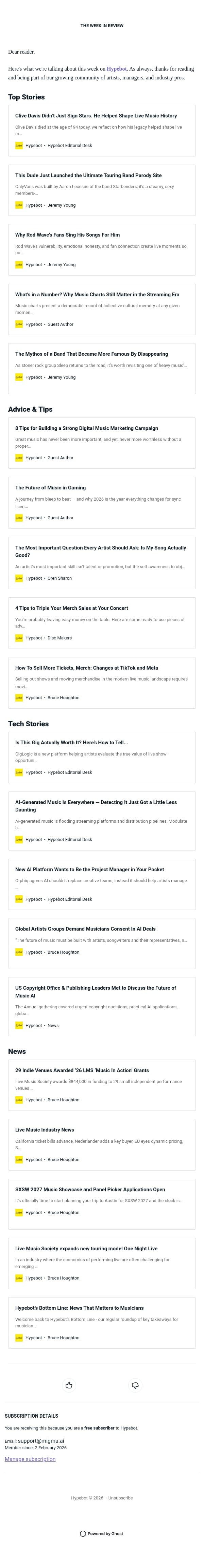 The Week in Review: June 19-25, 2026 email from Hypebot screenshot