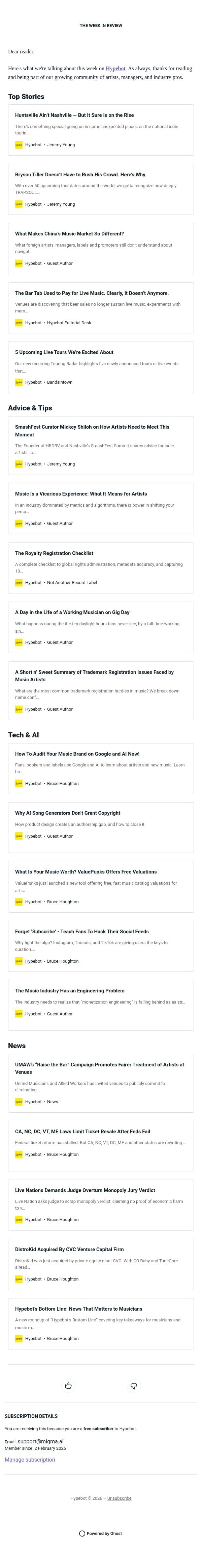 The Week in Review: July 3-9, 2026 email from Hypebot screenshot