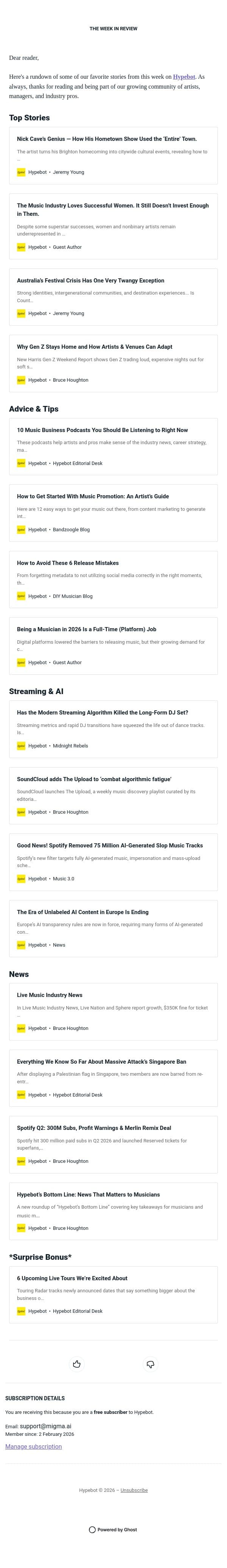 The Week in Review: July 31-Aug 6, 2026 email from Hypebot screenshot