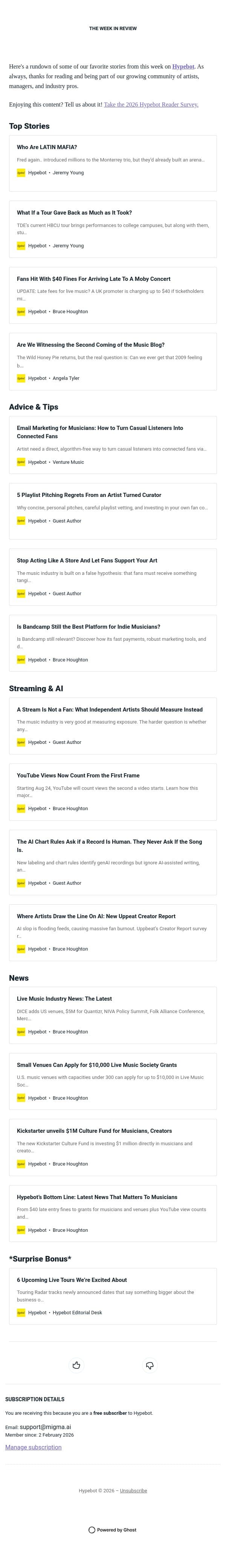 The Week in Review: Aug 14-20, 2026 email from Hypebot screenshot