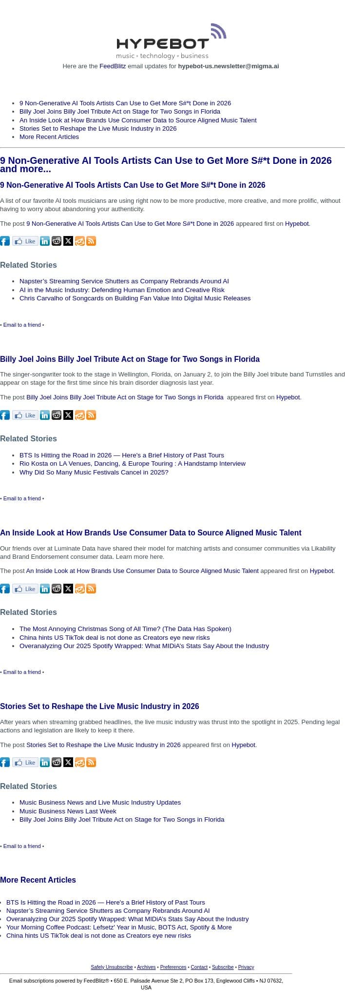 9 Non-Generative AI Tools Artists Can Use to Get More S#*t Done in 2026 and more... email from Hypebot screenshot