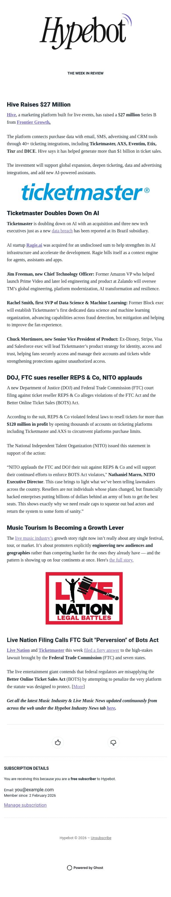 Live Music Industry News: Hive, Ticketmaster, FTC & More email from Hypebot screenshot