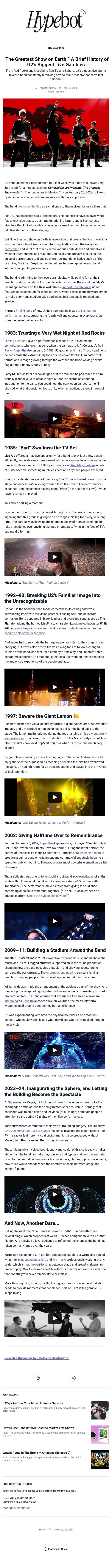 “The Greatest Show on Earth:” A Brief History of U2’s Biggest Live Gambles email from Hypebot screenshot