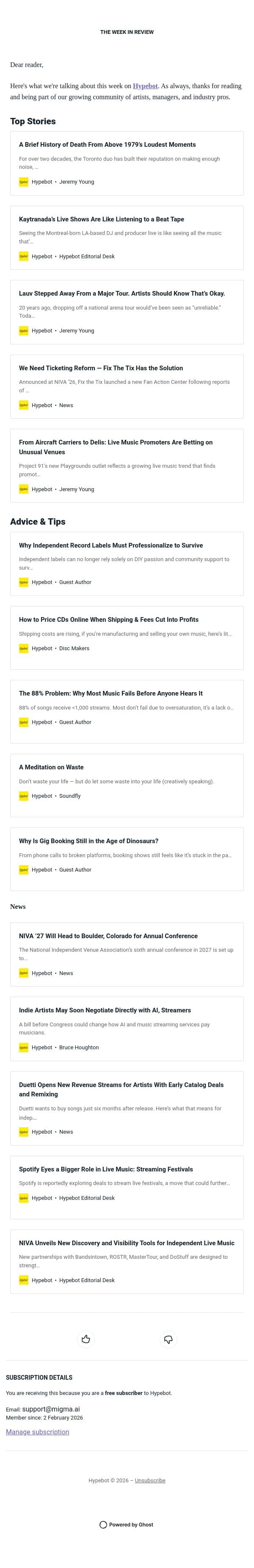 The Week in Review: June 5-11, 2026 email from Hypebot screenshot