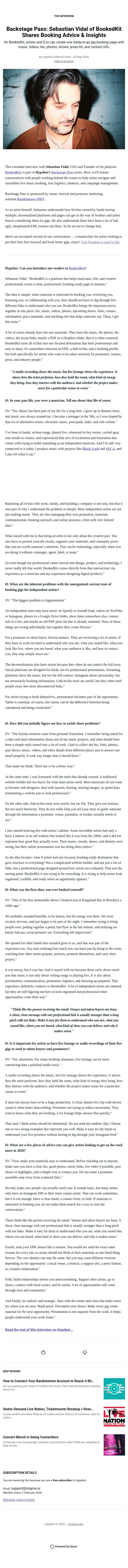 Backstage Pass: Sebastian Vidal of BookedKit Shares Booking Advice & Insights email from Hypebot screenshot