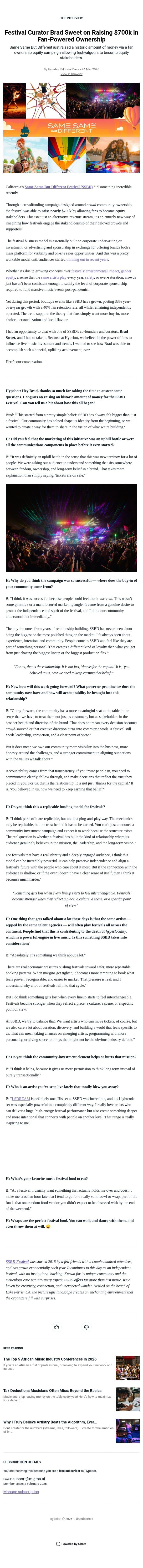 Festival Curator Brad Sweet on Raising $700k in Fan-Powered Ownership email from Hypebot screenshot