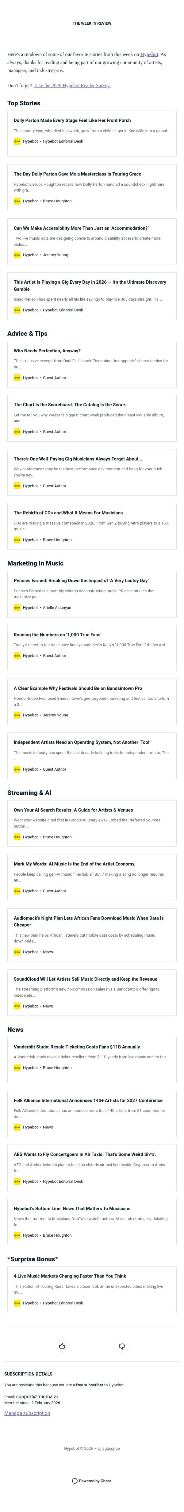 The Week in Review: Aug 21-27, 2026 email from Hypebot screenshot