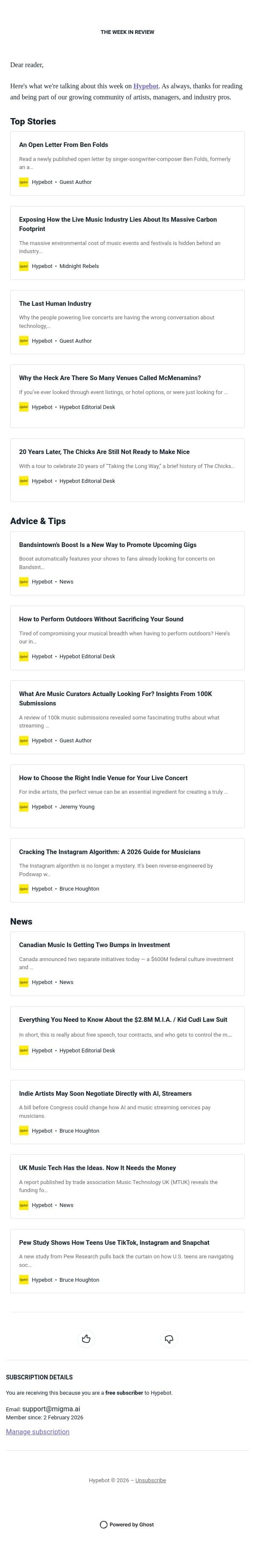 The Week in Review: May 29-June 4, 2026 email from Hypebot screenshot
