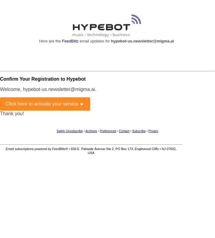 Confirm Your Registration to Hypebot email from Hypebot screenshot