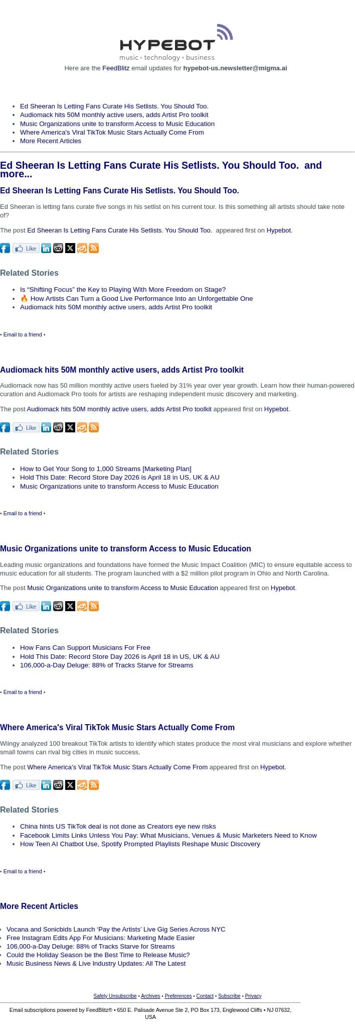 Ed Sheeran Is Letting Fans Curate His Setlists. You Should Too. and more... email from Hypebot screenshot