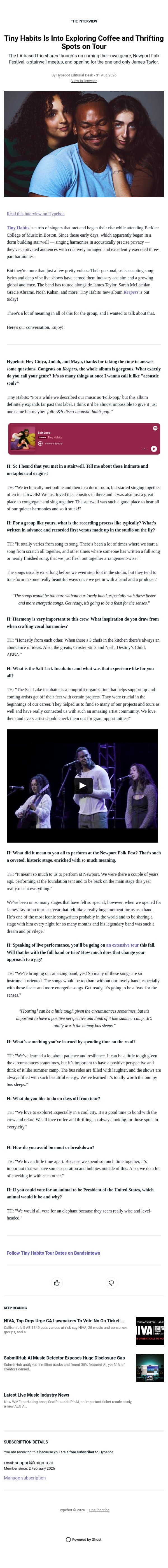 Tiny Habits Is Into Exploring Coffee and Thrifting Spots on Tour email from Hypebot screenshot