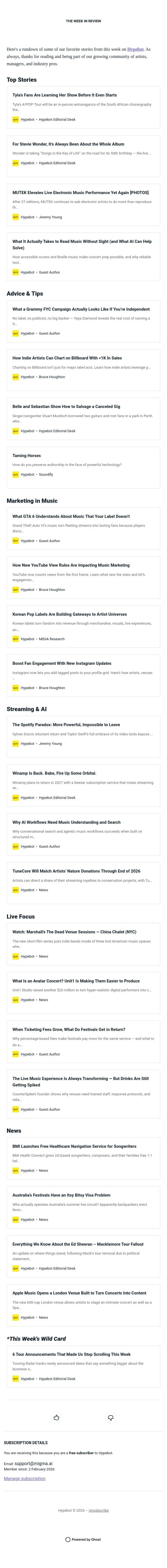 The Week in Review: Sept 18-24, 2026 email from Hypebot screenshot