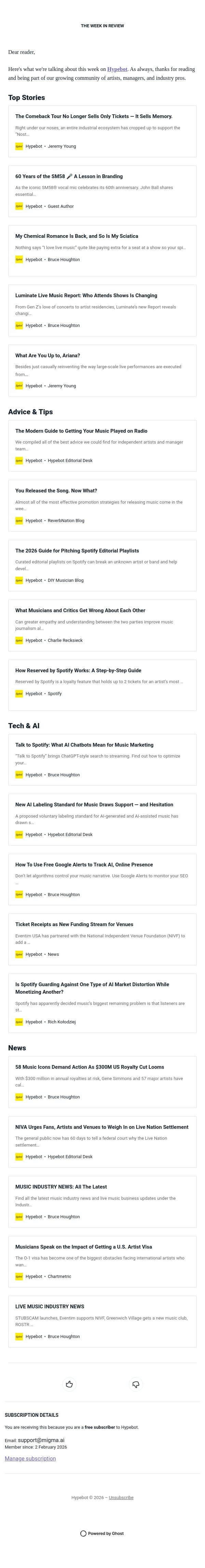 The Week in Review: July 10-16, 2026 email from Hypebot screenshot