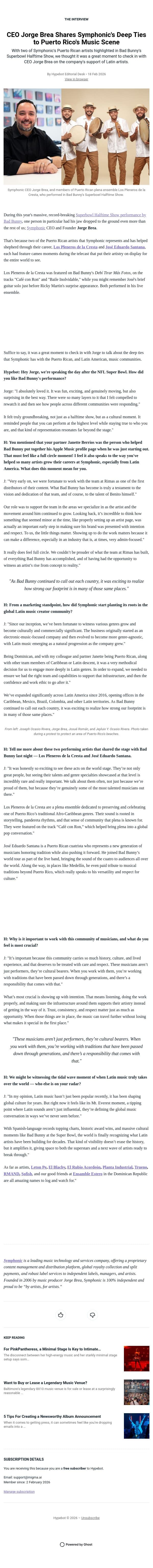 CEO Jorge Brea Shares Symphonic's Deep Ties to Puerto Rico's Music Scene email from Hypebot screenshot