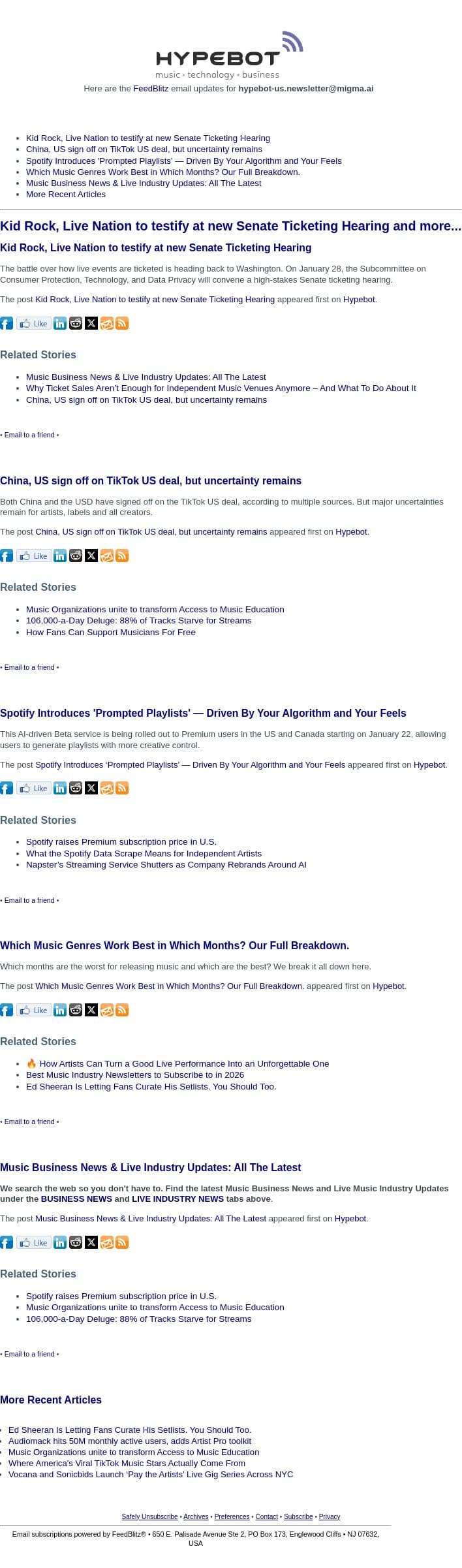 Kid Rock, Live Nation to testify at new Senate Ticketing Hearing and more... email from Hypebot screenshot