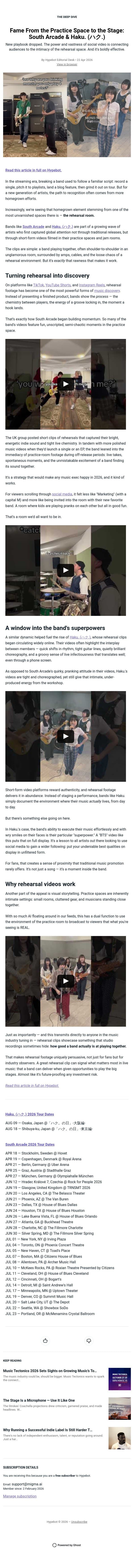Fame From the Practice Space to the Stage: South Arcade & Haku. (ハク.) email from Hypebot screenshot