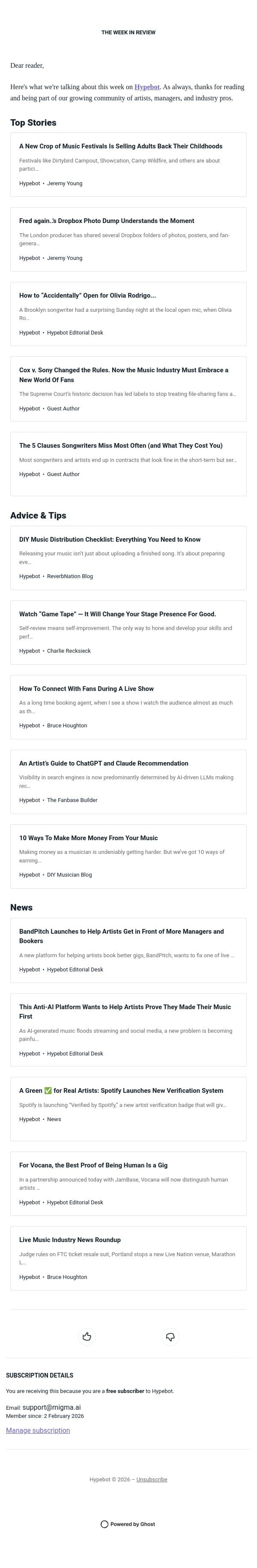 The Week in Review: April 24-30, 2026 email from Hypebot screenshot