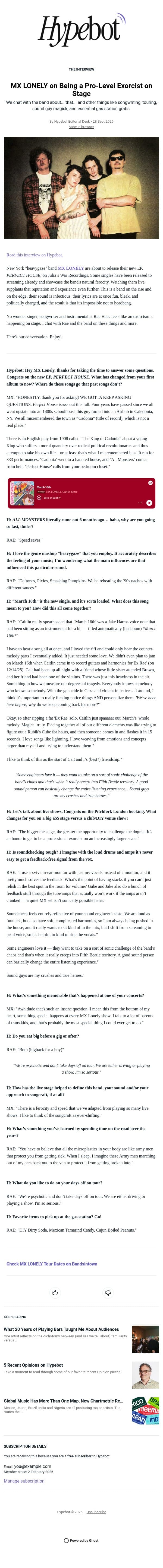 MX LONELY on Being a Pro-Level Exorcist on Stage email from Hypebot screenshot