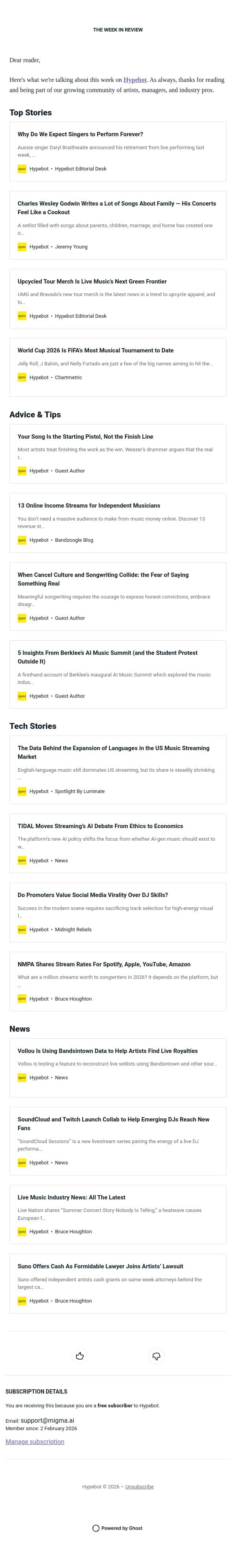 The Week in Review: June 26-July 2, 2026 email from Hypebot screenshot