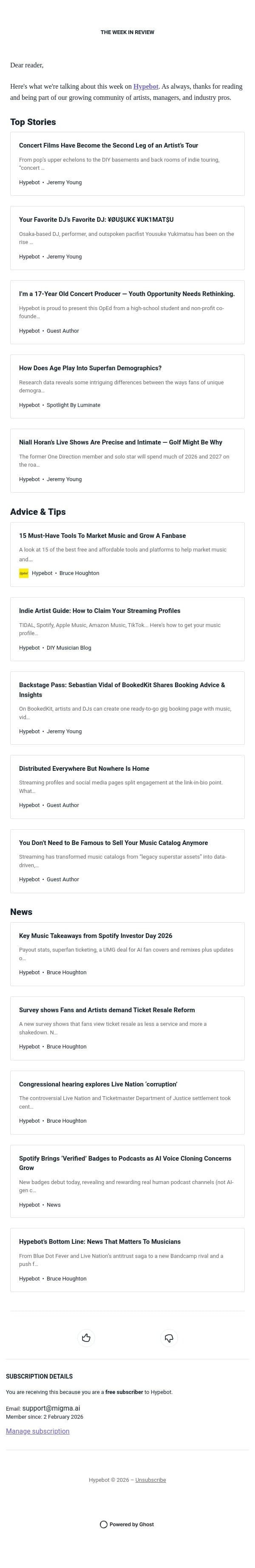 The Week in Review: May 15-21, 2026 email from Hypebot screenshot