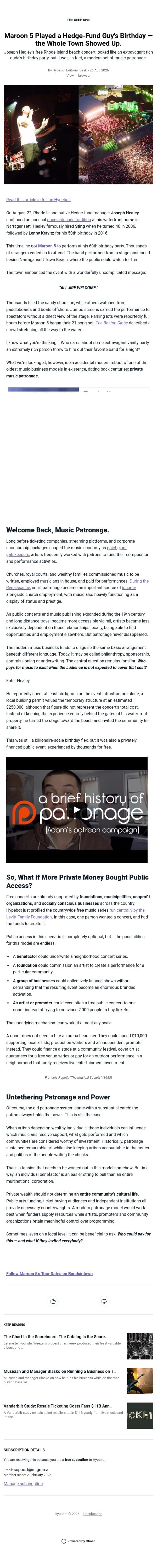 Maroon 5 Played a Hedge-Fund Guy's Birthday — the Whole Town Showed Up. email from Hypebot screenshot