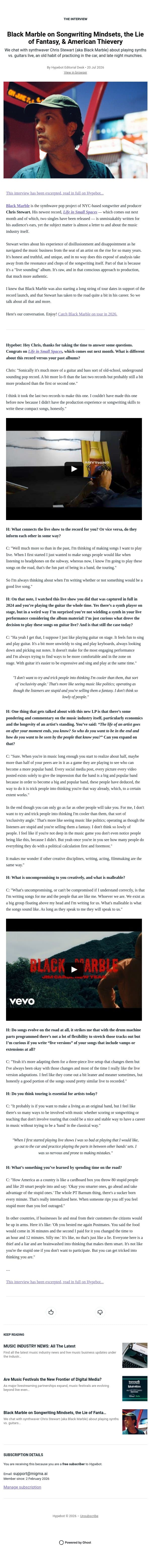 Black Marble on Songwriting Mindsets, the Lie of Fantasy, & American Thievery email from Hypebot screenshot