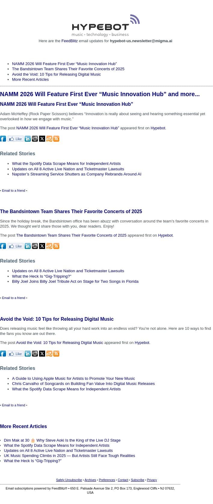 NAMM 2026 Will Feature First Ever "Music Innovation Hub" and more... email from Hypebot screenshot