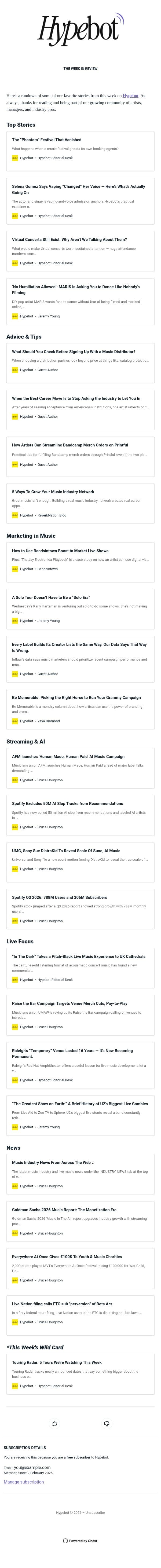The Week in Review: Oct 16-22, 2026 email from Hypebot screenshot