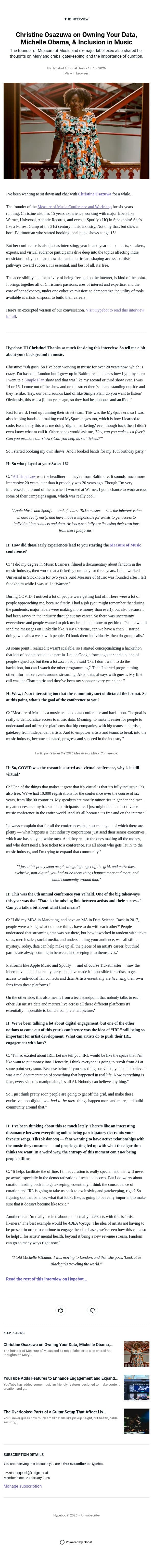 Christine Osazuwa on Owning Your Data, Michelle Obama, & Inclusion in Music email from Hypebot screenshot