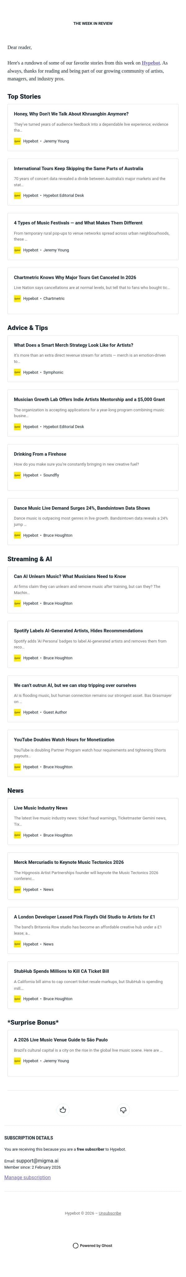 The Week in Review: Aug 7-13, 2026 email from Hypebot screenshot