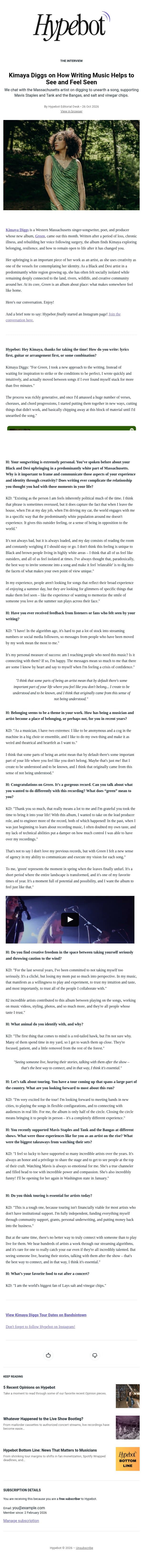 Kimaya Diggs on How Writing Music Helps to See and Feel Seen email from Hypebot screenshot