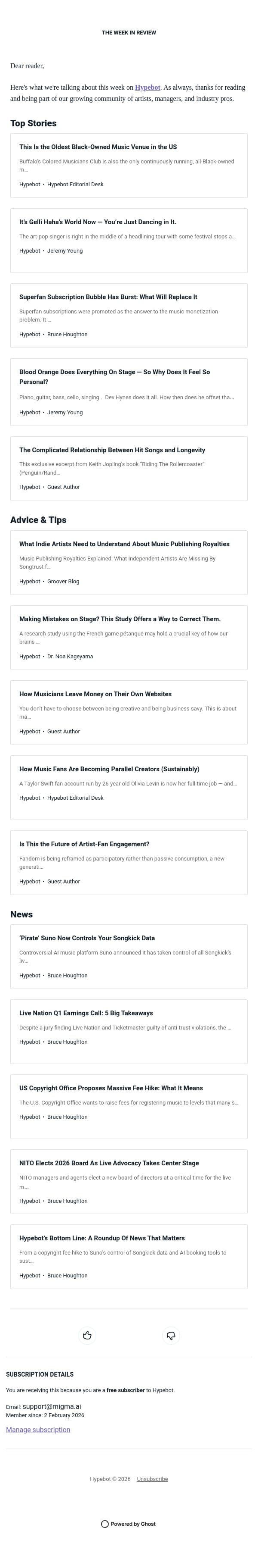 The Week in Review: May 1-7, 2026 email from Hypebot screenshot