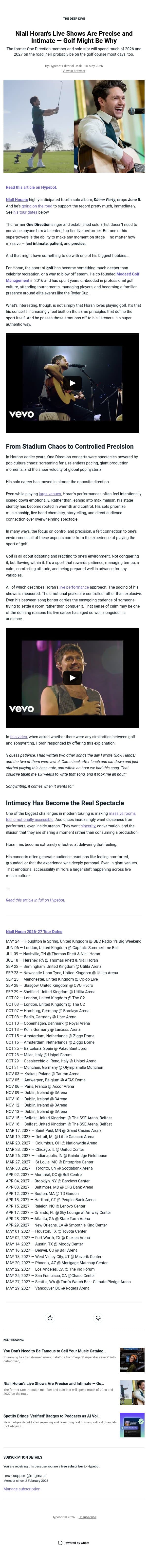 Niall Horan's Live Shows Are Precise and Intimate — Golf Might Be Why email from Hypebot screenshot