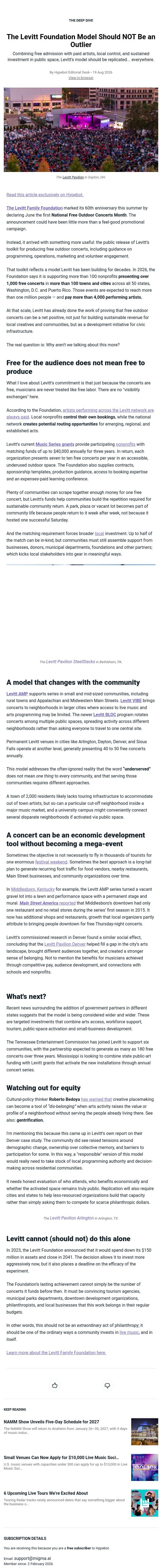 The Levitt Foundation Model Should NOT Be an Outlier email from Hypebot screenshot