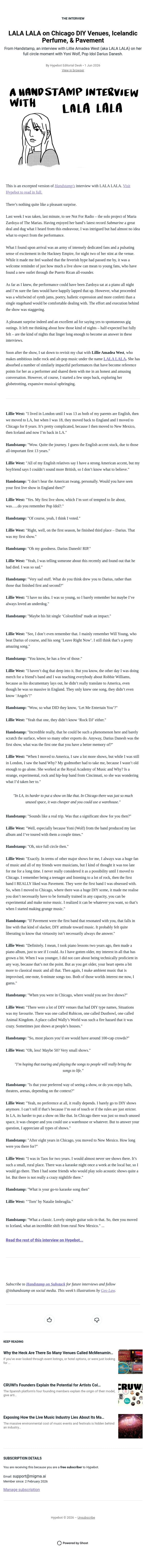 LALA LALA on Chicago DIY Venues, Icelandic Perfume, & Pavement email from Hypebot screenshot