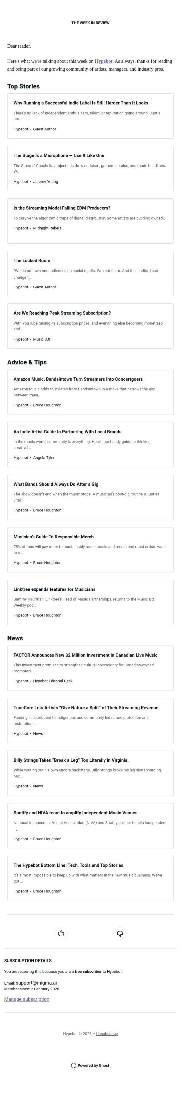 The Week in Review: April 17-23, 2026 email from Hypebot screenshot