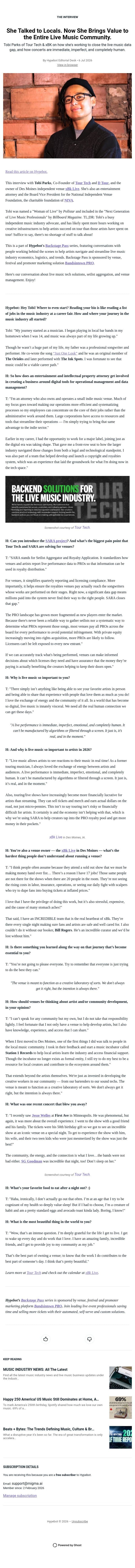She Talked to Locals. Now She Brings Value to the Entire Live Music Community. email from Hypebot screenshot