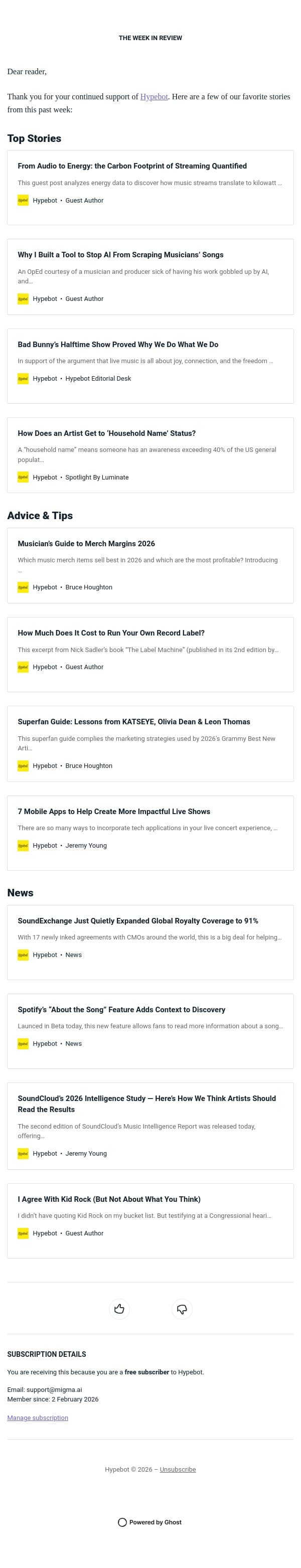 The Week in Review: Febuary 6-12, 2026 email from Hypebot screenshot