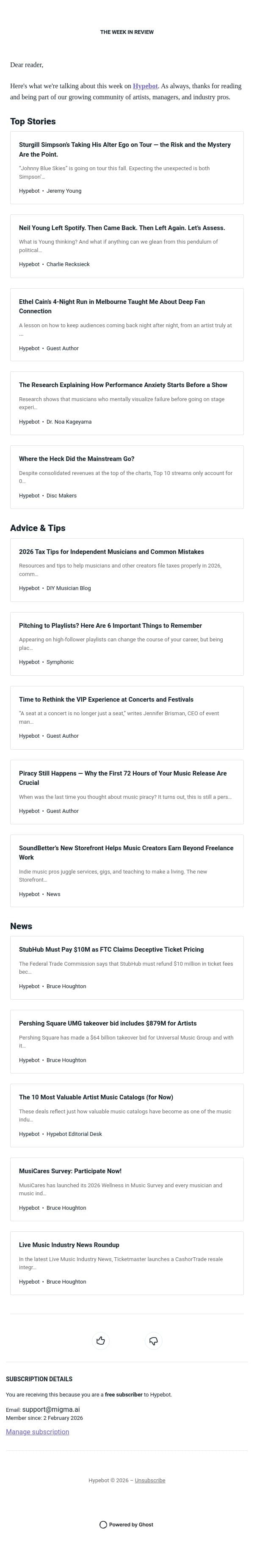 The Week in Review: April 3-9, 2026 email from Hypebot screenshot