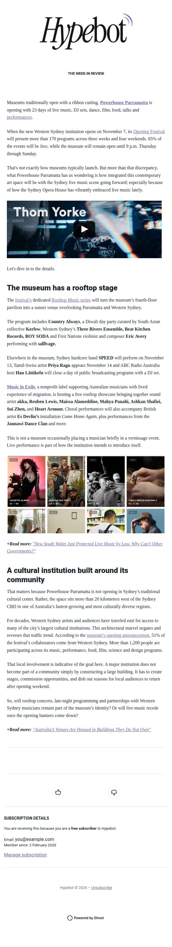 Sydney’s Newest Museum Is Opening Like a Music Venue email from Hypebot screenshot