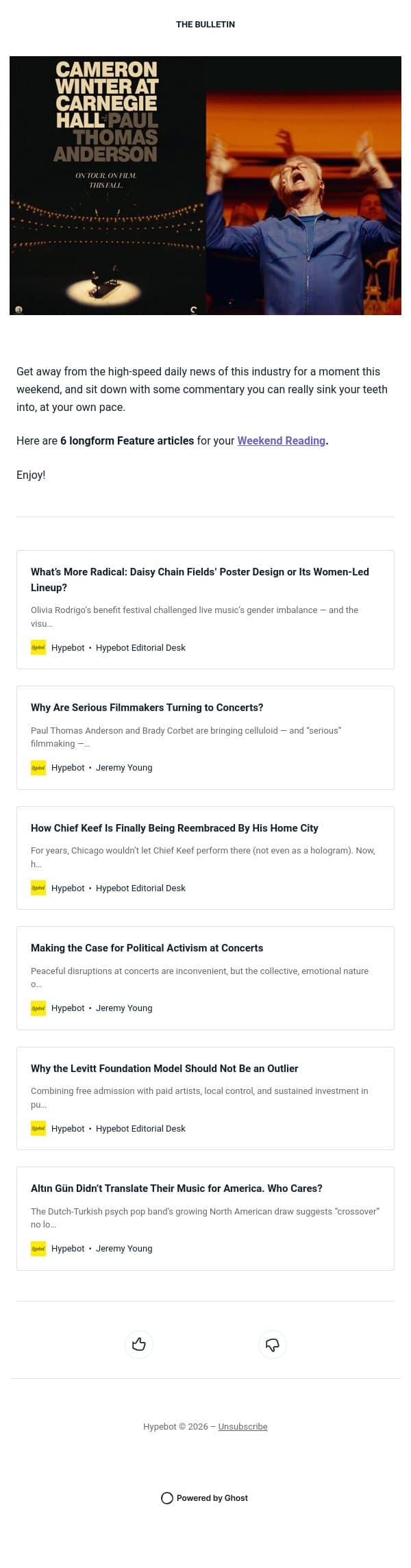 6 Longform Articles on Hypebot to Enjoy This Weekend email from Hypebot screenshot