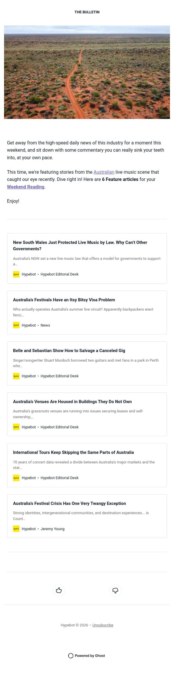 6 Recent Australian Live Music Stories to Enjoy This Weekend email from Hypebot screenshot