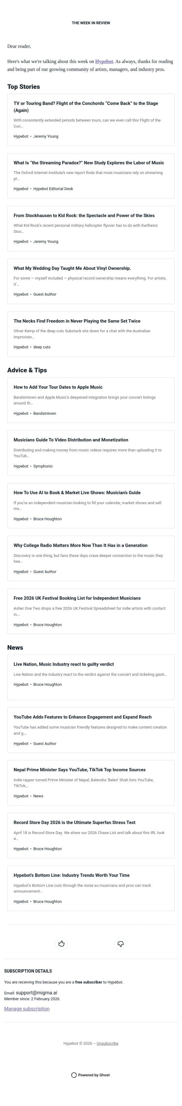 The Week in Review: April 10-16, 2026 email from Hypebot screenshot