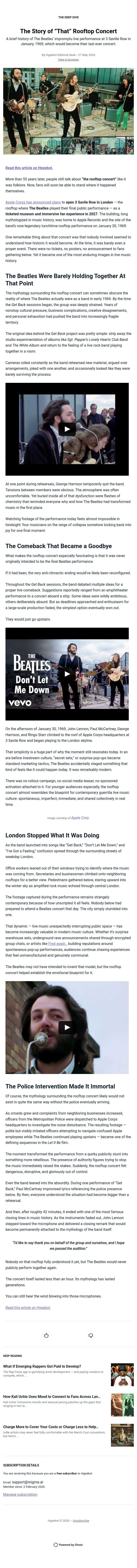 The Story of “That” Rooftop Concert email from Hypebot screenshot